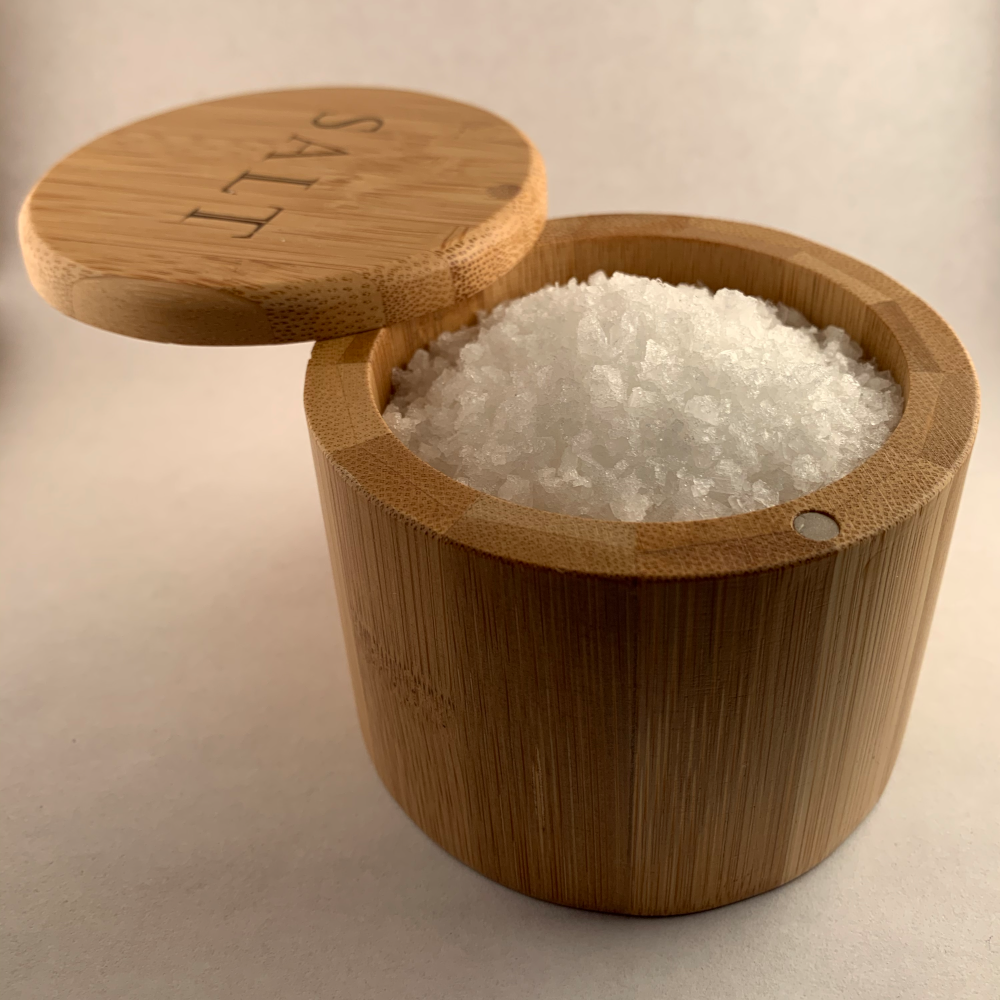 Bamboo Salt Box with Engraved Lid and Cornish Sea Salt